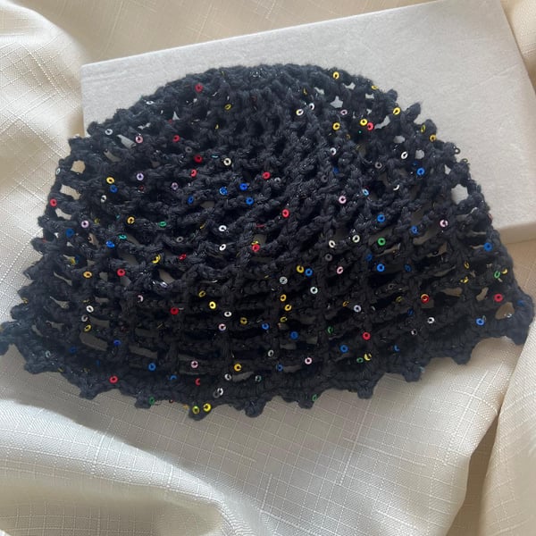 Handcrafted 100% Cotton Black Sequined Crochet Beanie, Sequin Knit Hat, Sparkly