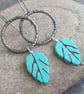 Turquoise leaf earrings, Large oxidised silver hoops, Howlite gemstone - Image 5