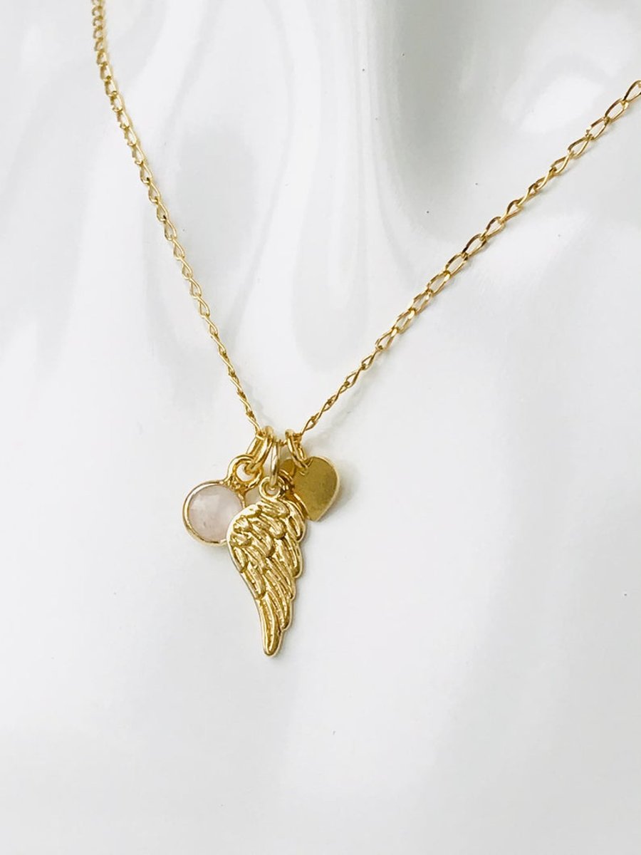 Gold Vermeil Angel Wing & Rose Quartz Necklace 