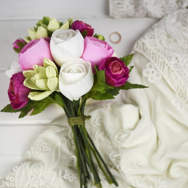 A Posy Of Paper Roses, Succulents & Silk Ranunculus