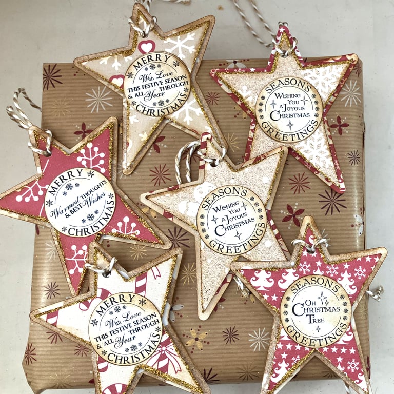 Pack of 6 handmade Christmas star gift tags