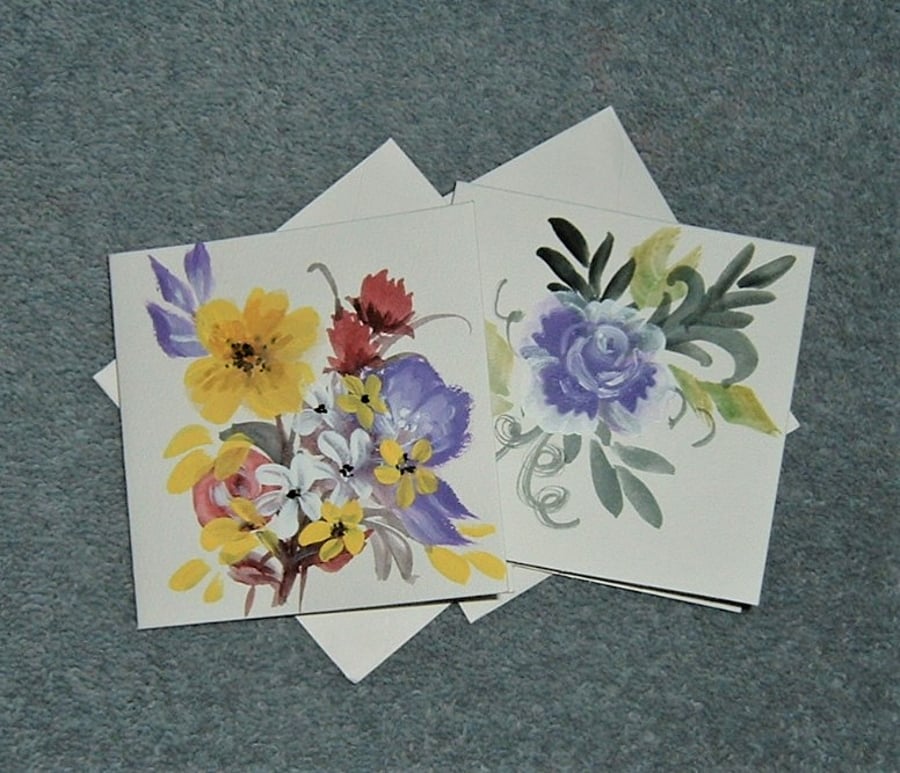 SET of TWO hand painted greetings cards mixed floral and rose ( ref F 922 )