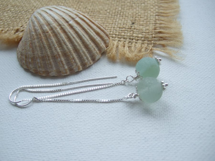 Sea glass marble earrings, beach marble earrings, sterling silver threaders