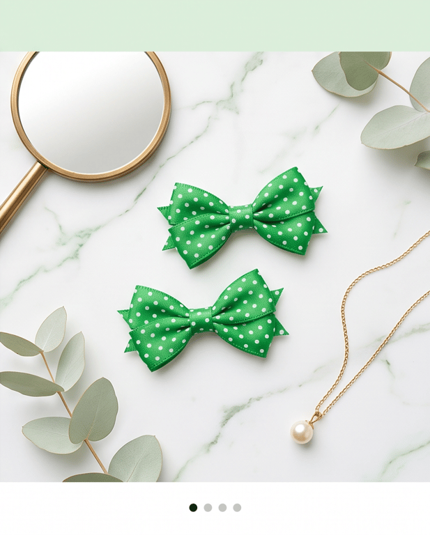 Playful Green Hair Bows with White Polka Dots – Handmade Hair Ties for Girls