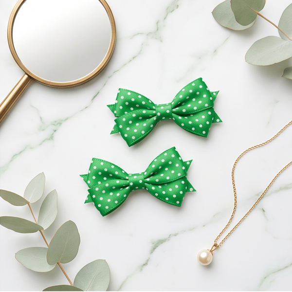 Playful Green Hair Bows with White Polka Dots – Handmade Hair Ties for Girls