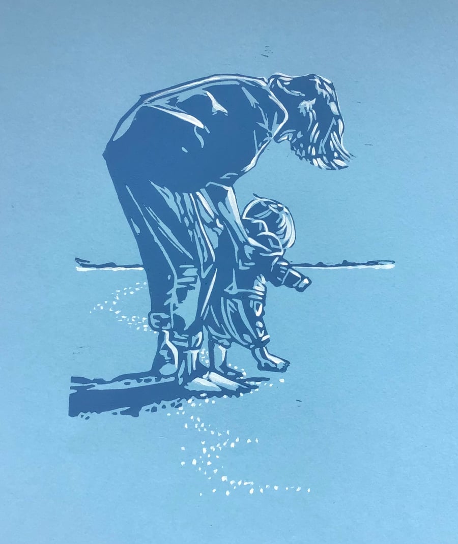 Paddling linocut print on Sky Blue