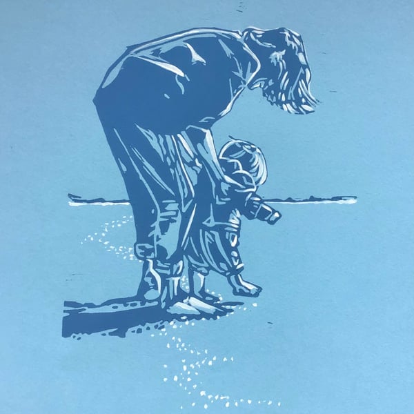 Paddling linocut print on Sky Blue