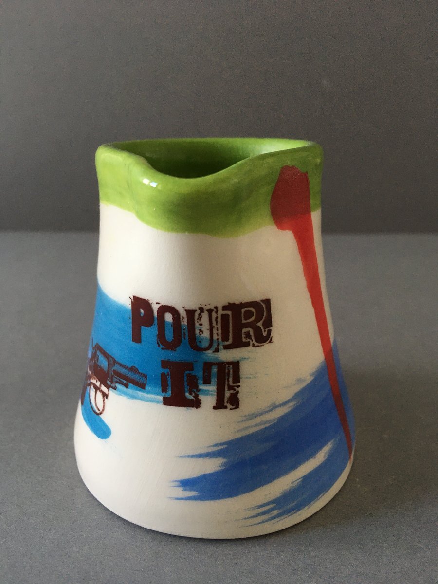 Ceramic jug. Pour it. Milk Jug. Colourful Pourer. Gun graphic. Cream jug. Gravy.