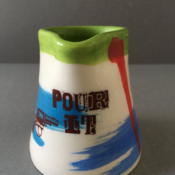 Ceramic jug. Pour it. Milk Jug. Colourful Pourer. Gun graphic. Cream jug. Gravy.