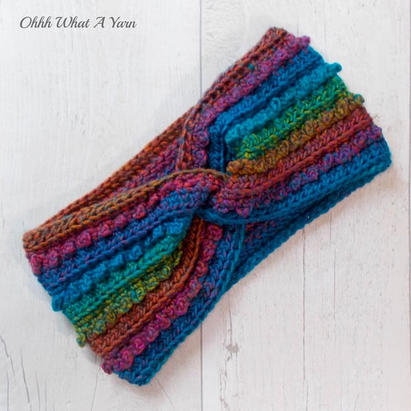 Ladies crochet rainbow twist ear warmer. Crochet ear warmer. Rainbow headband.