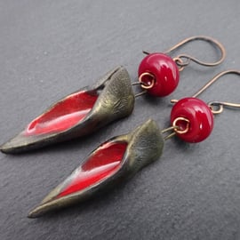 lampwork glass red earrings, copper and ceramic leaf  jewellery