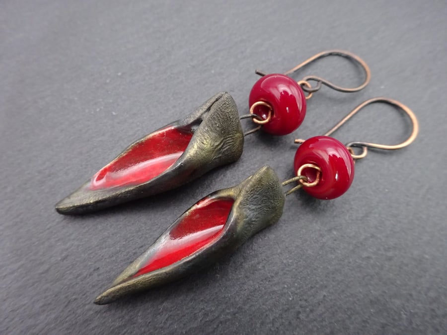 lampwork glass red earrings, copper and ceramic leaf  jewellery