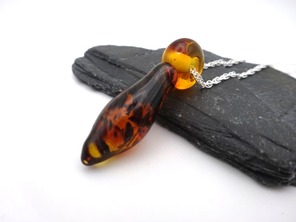 amber lampwork glass droplet pendant necklace