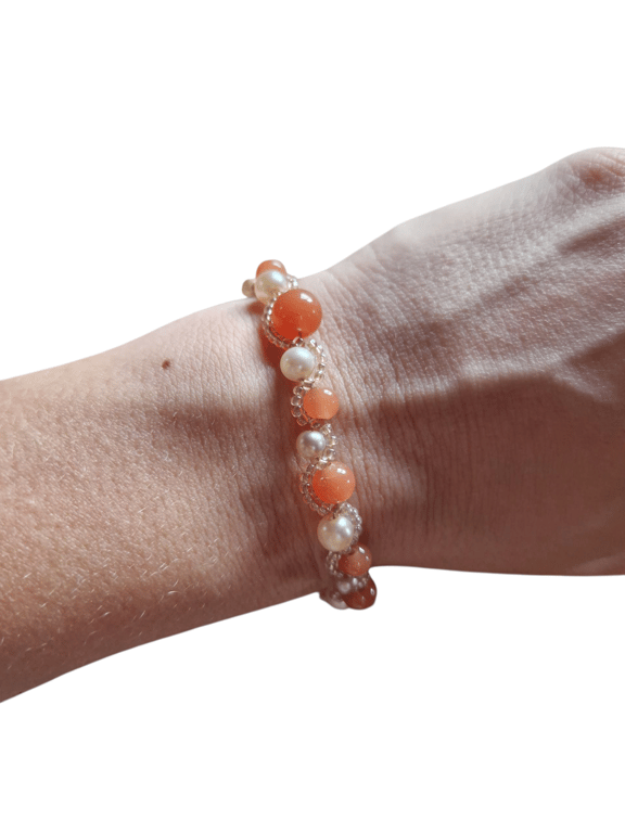 Soft orange, pearl and champagne beaded bracelet and earring set