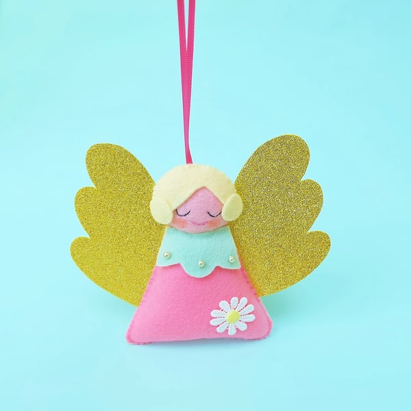 Retro Pink Angel Felt Christmas Decoration, Hand Sewn Decor