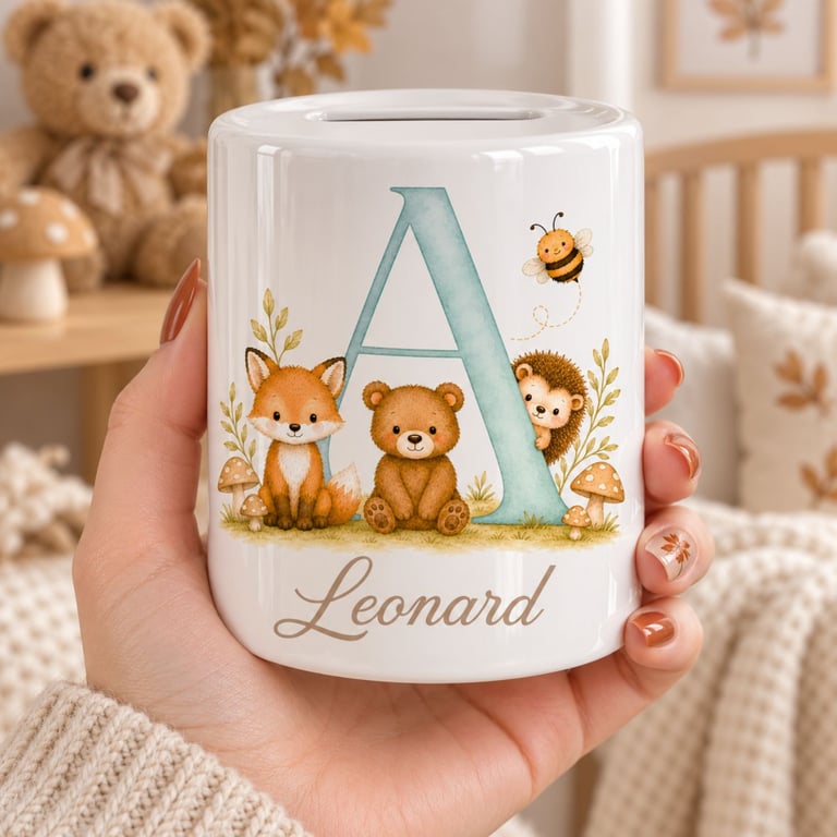 Personalised Woodland Animal Monogram Money Box – Boys Birthday & Baby Gift