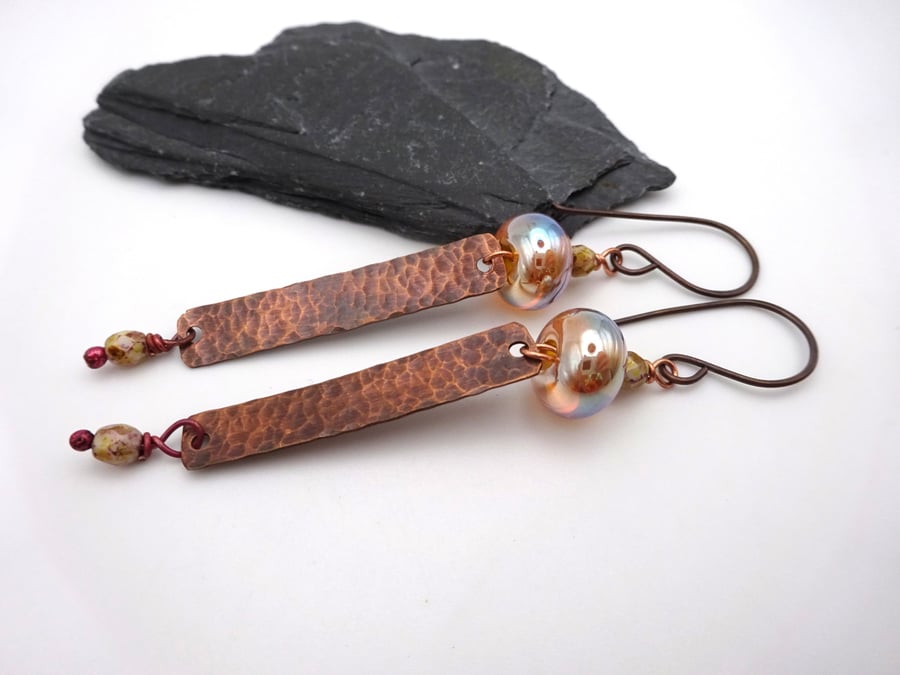 copper bar lampwork glass earrings