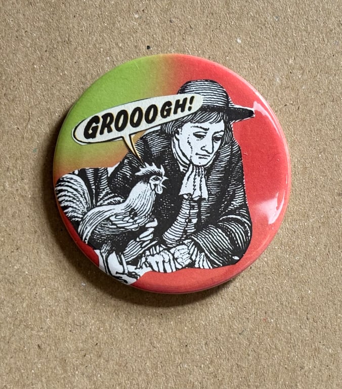Collage pin badge - vintage book images & text - grooogh chicken