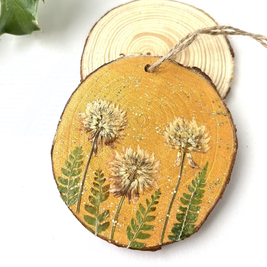 Handmade Pressed Flower Clover and Fern Christmas Tree Decoration