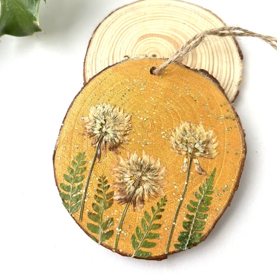 Handmade Pressed Flower Clover and Fern Christmas Tree Decoration