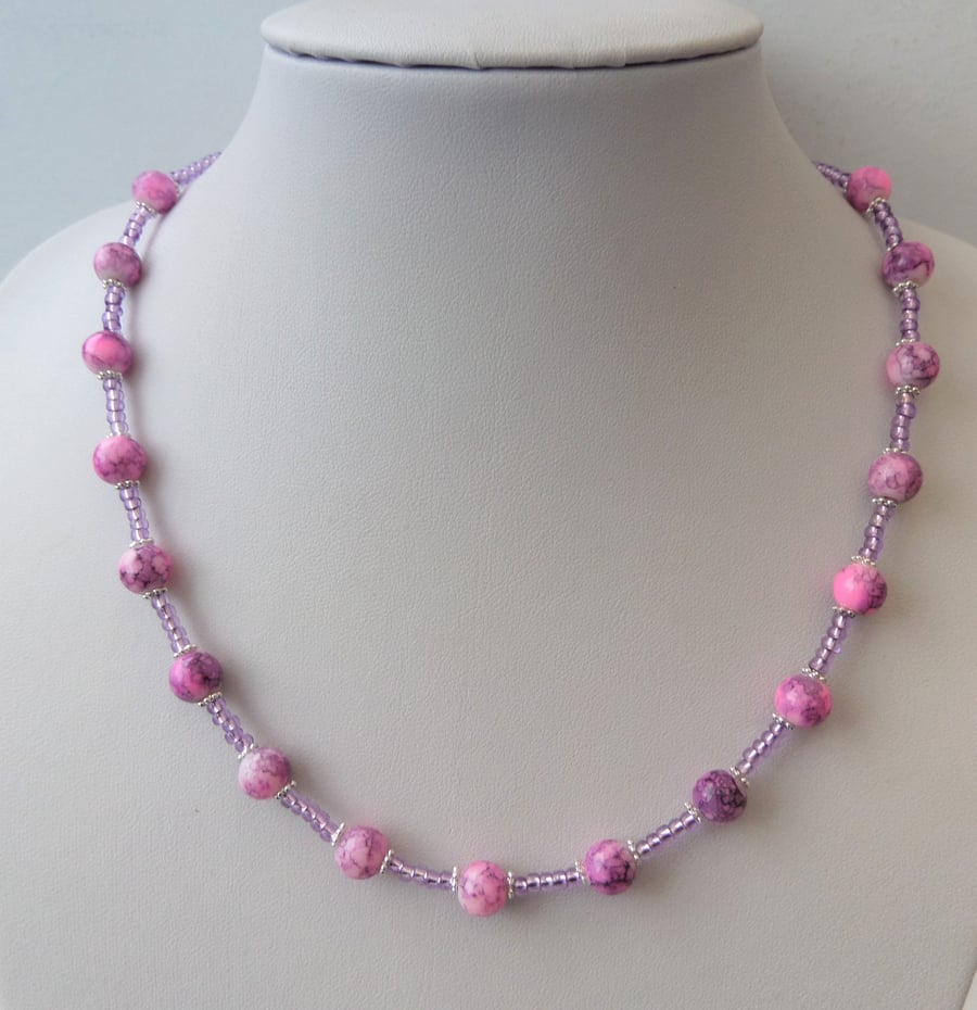 Pink and purple glass beaded necklace with lavender seed beads