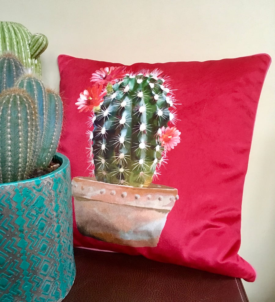 Velvet Cactus cushion cover, luxury red velvet pillow cover, cactus homeware