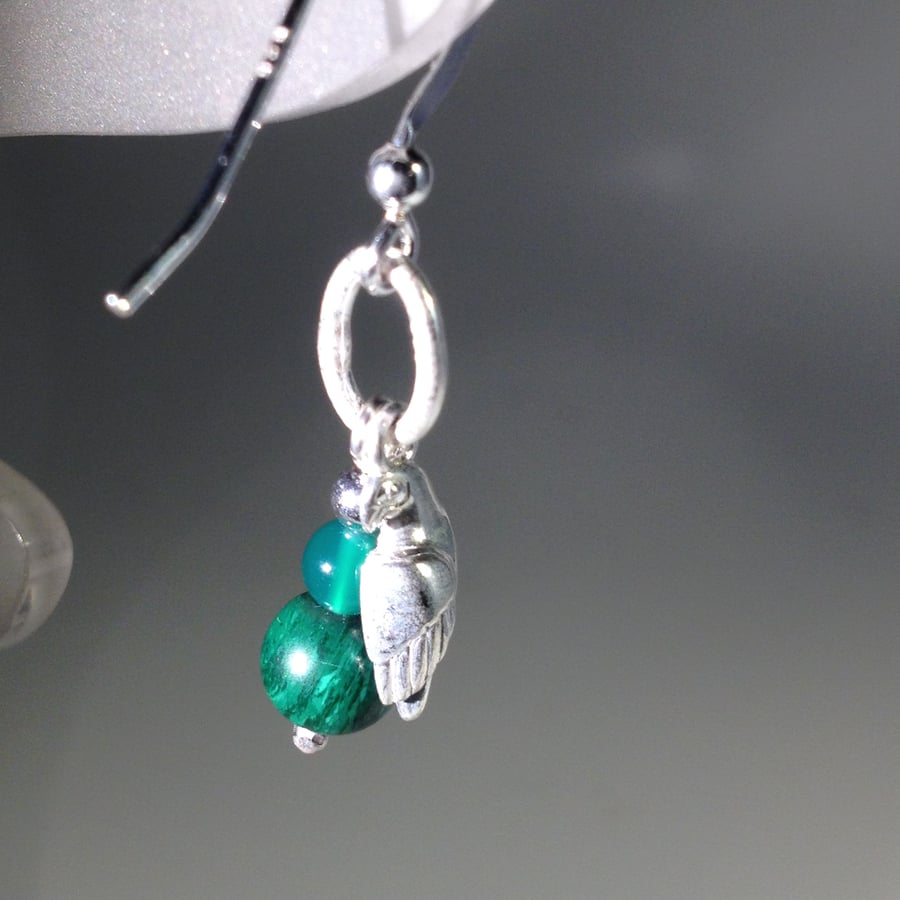 Green and silver parrot earrings