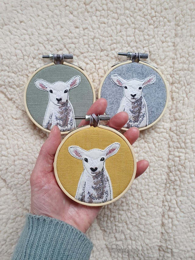 Handmade Lamb mini hoop, applique and embroidery, hanging decoration, Spring