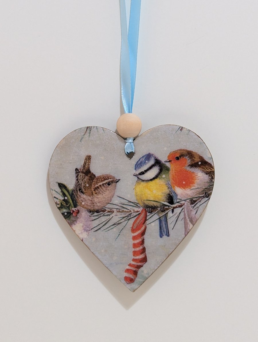 Garden birds Christmas decoration, hanging heart, wooden gift for a bird lover 