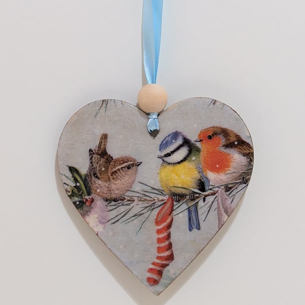 Garden birds Christmas decoration, hanging heart, wooden gift for a bird lover 