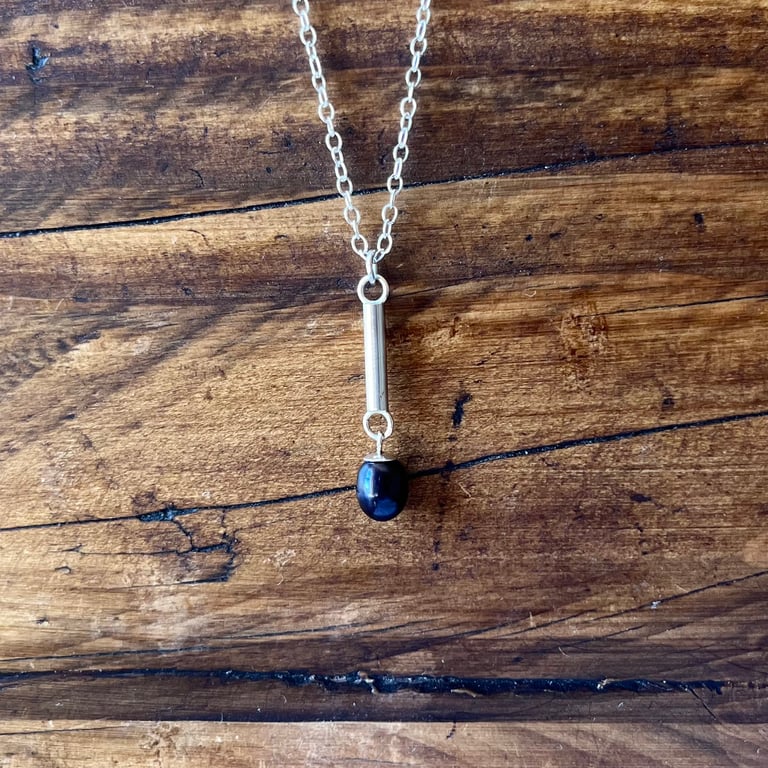 Petrol Blue Pearl Bar Pendant & 18" Trace Chain - Handmade, Sterling Silver