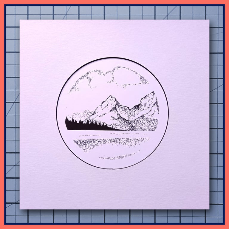 Jennie Lake – Mountain & Lake Drawing – Mounted print – 23x23cm Frame Ready