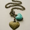 Pale Turquoise Ceramic and Antique Bronze Heart Necklace   KCJ475