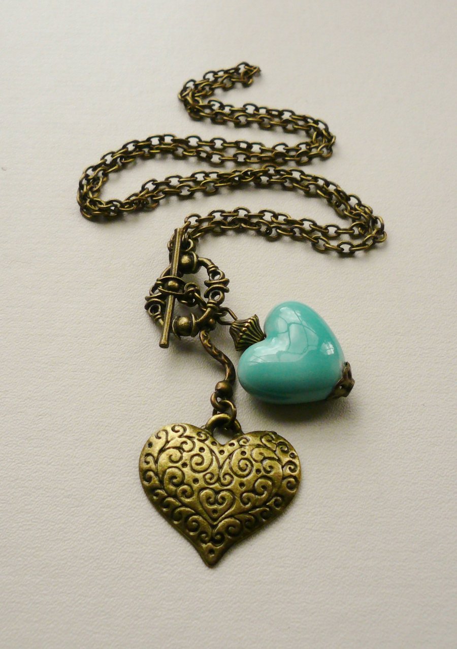 Pale Turquoise Ceramic and Antique Bronze Heart Necklace   KCJ475