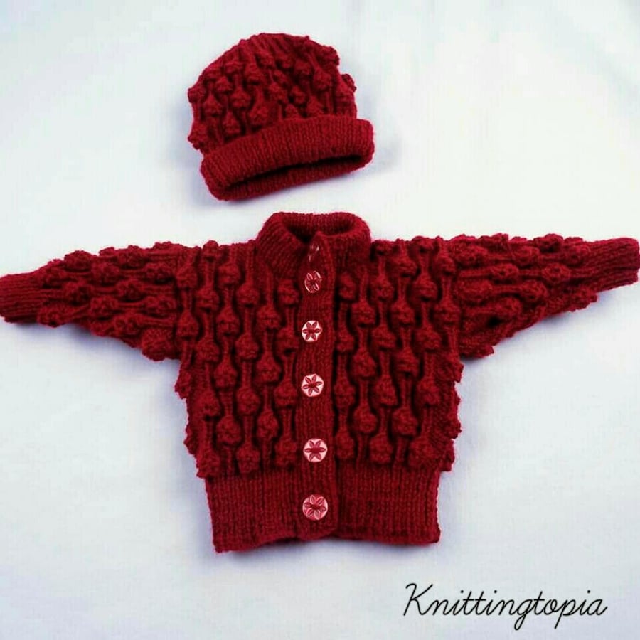 Hand knitted baby bobble cardigan and matching hat maroon 0 - 6 months