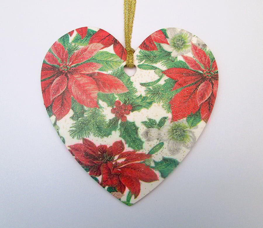 Christmas poinsettia wood decoupage heart hanging decoration