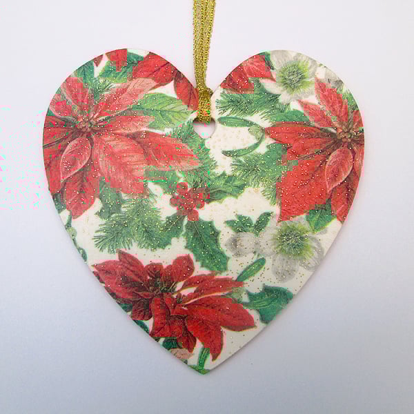 Christmas poinsettia wood decoupage heart hanging decoration