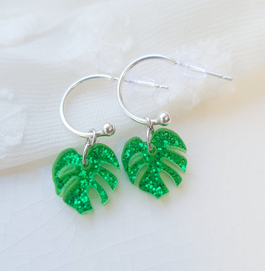 Green Glitter Encrusted Resin Leaf Hoop Earrings - Silver Hoop