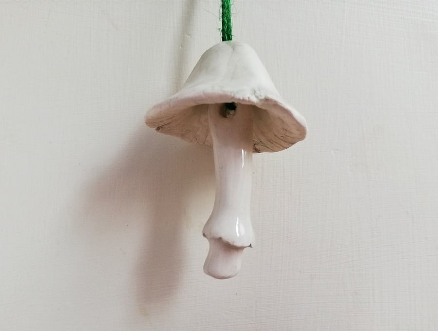 Ceramic grey mushroom bell hanging Christmas decoration, toadstool winter gift