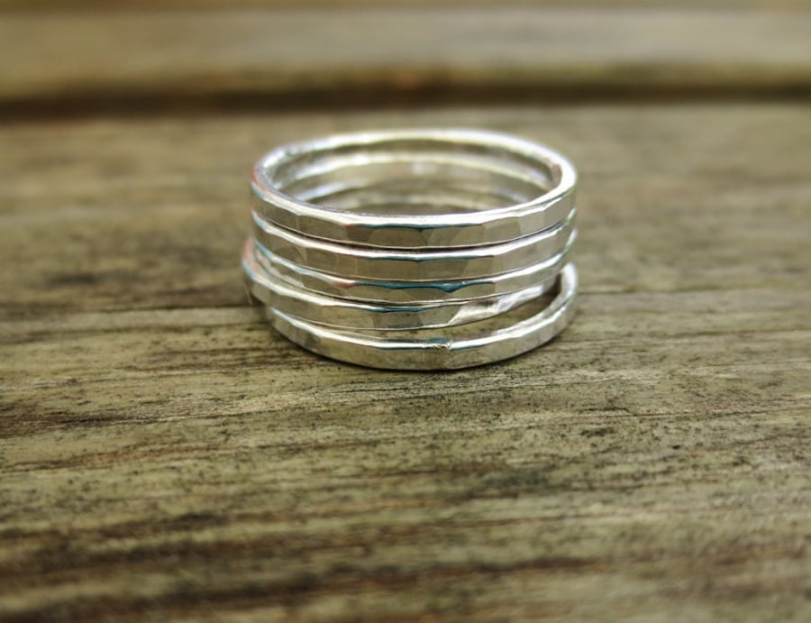 Set of five sterling silver hammered stacking rings - made to order in your size