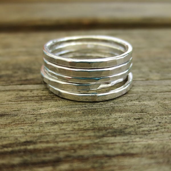 Set of five sterling silver hammered stacking rings - made to order in your size