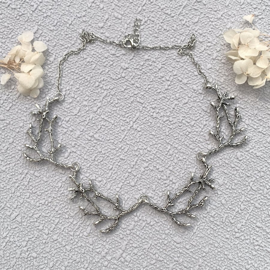 Boho Cottagecore Silver Branch Necklace
