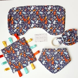 Baby Gift Set. Burp Cloth, Bib, Crinkle Teether, Crinkle Taggy. Gift boxed.