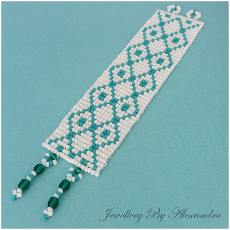 Wide Square Stitch Bracelet - White and Teal