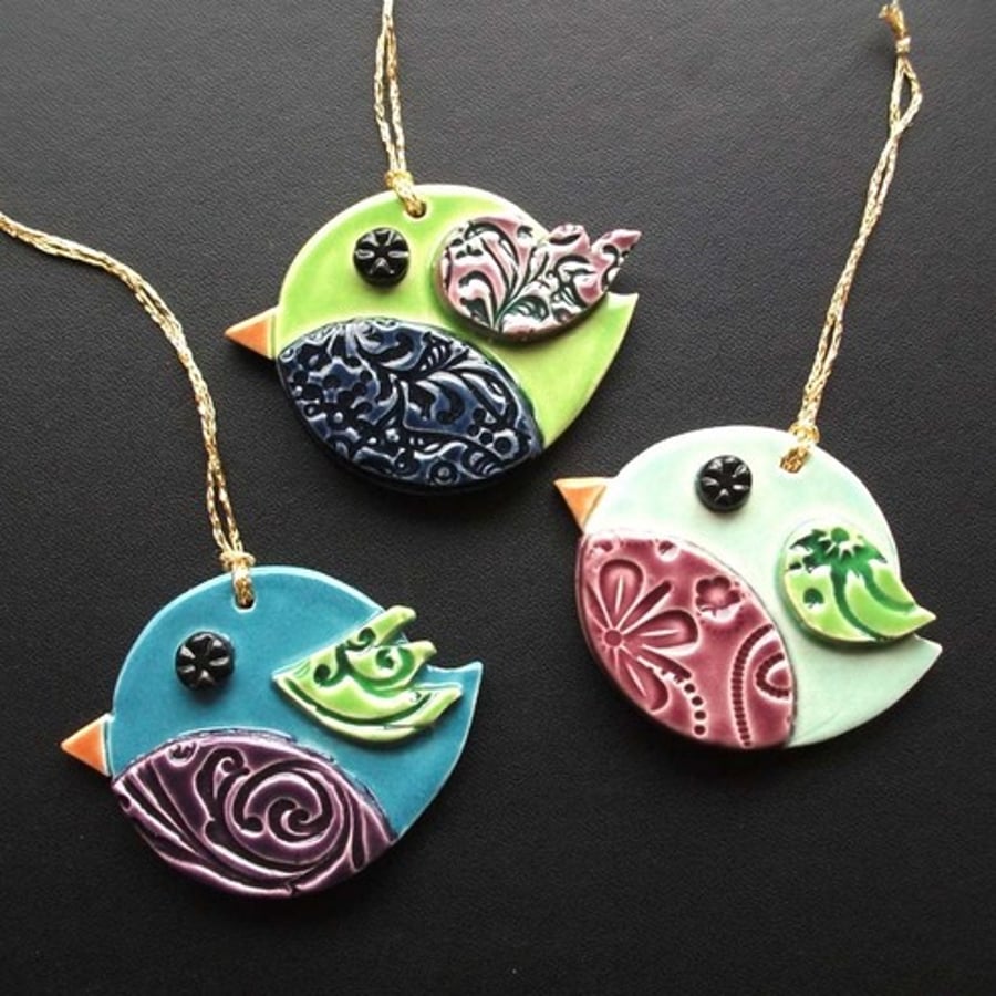 Ceramic bird decorations. Set of three