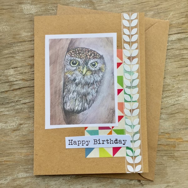 handmade recycled paper card (item no 233) owl, happy birthday