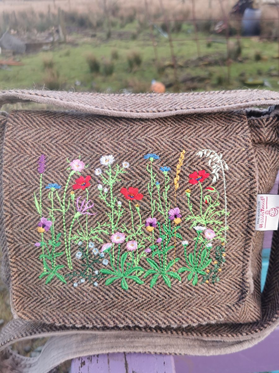 Harris Tweed crossbody bag with embroidered Machair design