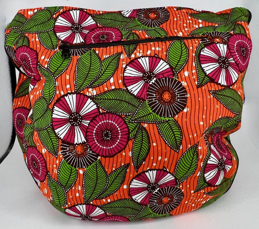 Handmade orange African blockprint cotton fully lined crossbody bag with pockets