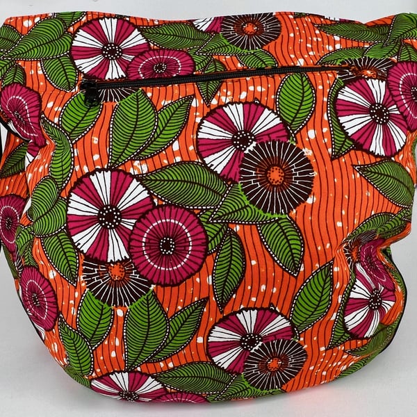 Handmade orange African blockprint cotton fully lined crossbody bag with pockets