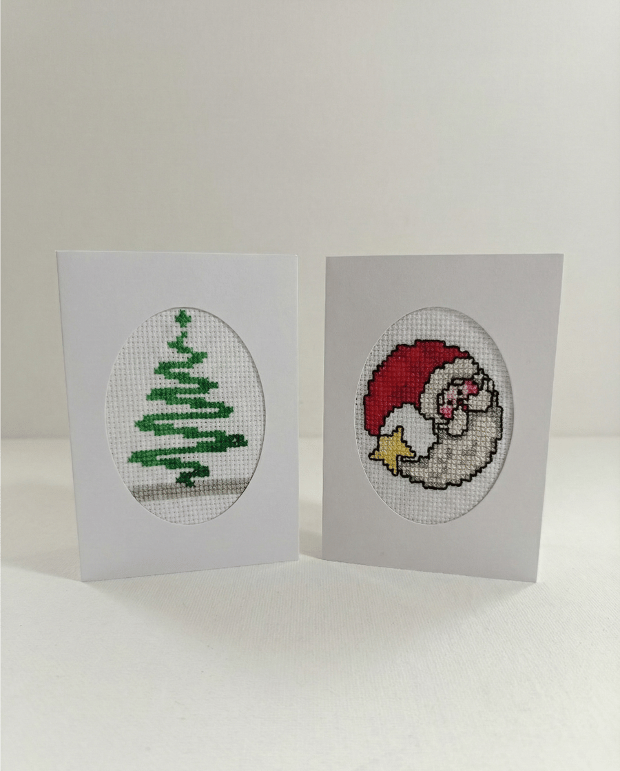 Hand Stitched Christmas Cards Duo, Oval Aperture  Festive Tree and Crescent Moon